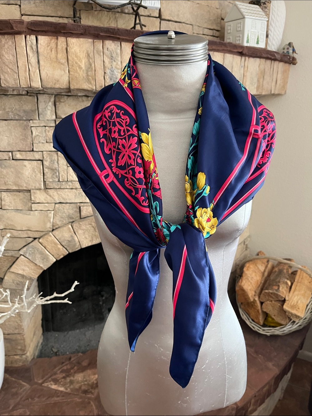 Navy Asian Floral Silk-Feel Square Scarf